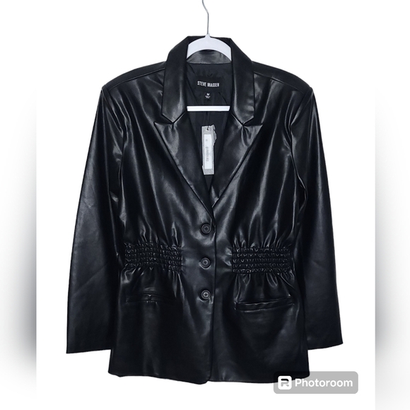 STEVE MADDEN Faux-Leather Frida Smocked Waist Jacket Black Size Medium - Picture 2 of 10